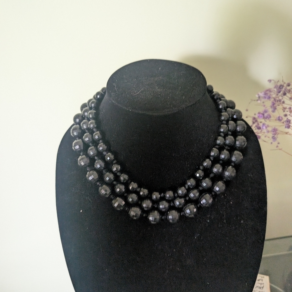 Vintage 50s Black Beaded Multi Strand Mourning Necklace
